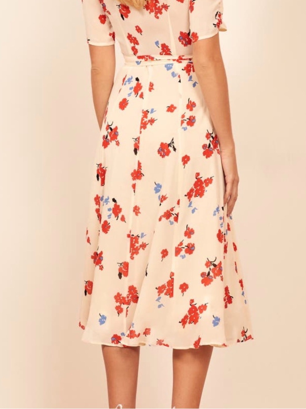 Reformation Cream Wrap Midi Dress with Red and Blue Floral Print - Picture 2 of 3